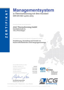 AHa! Zertifikat DIN EN ISO 14001-2015 gültig 23.07.2026 bis 22.07.2029